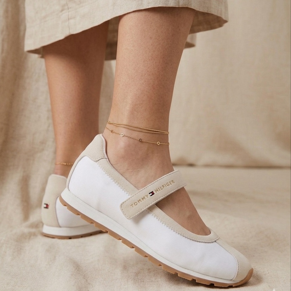 Tommy Hilfiger White and Beige Mary Jane Flat with Velcro Strap